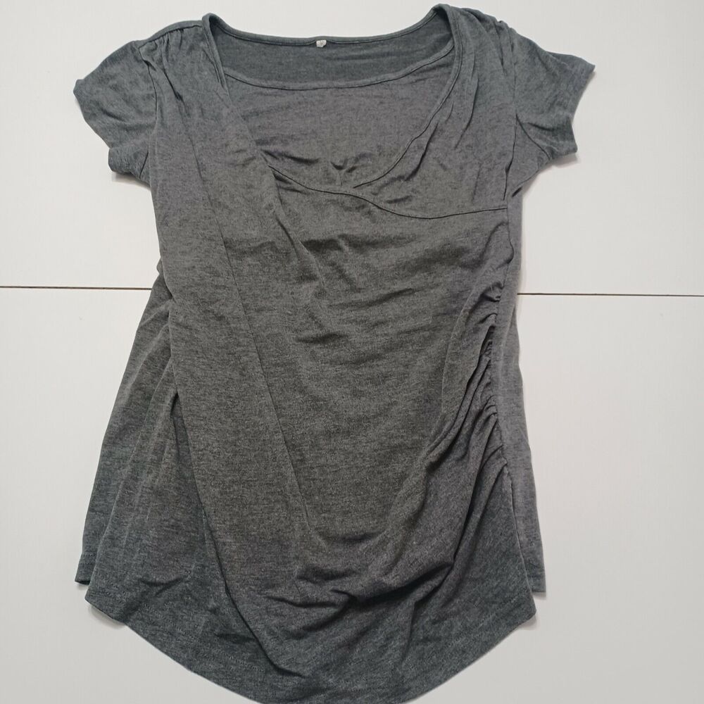 Maternity Women Med. Blouse Grey Short Sleeve Nursing Top Fitted Overlay Stretch - Picture 1 of 12